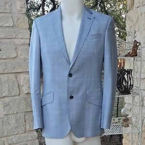 Ted Baker London, Endurance, 100% Wool Grey Blue Plaid Men's Light Blazer 38R